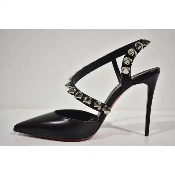 Christian Louboutin Spikita Pump 100 Black Silver Spike Strappy Sandal Heel 39 - Picture 8 of 12